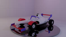 A picture of a generic, stylised Formula Series car sat on a metal turntable in a white room. The car is mostly white, with scarlett-red wings and wheel covers, and a purple halo.